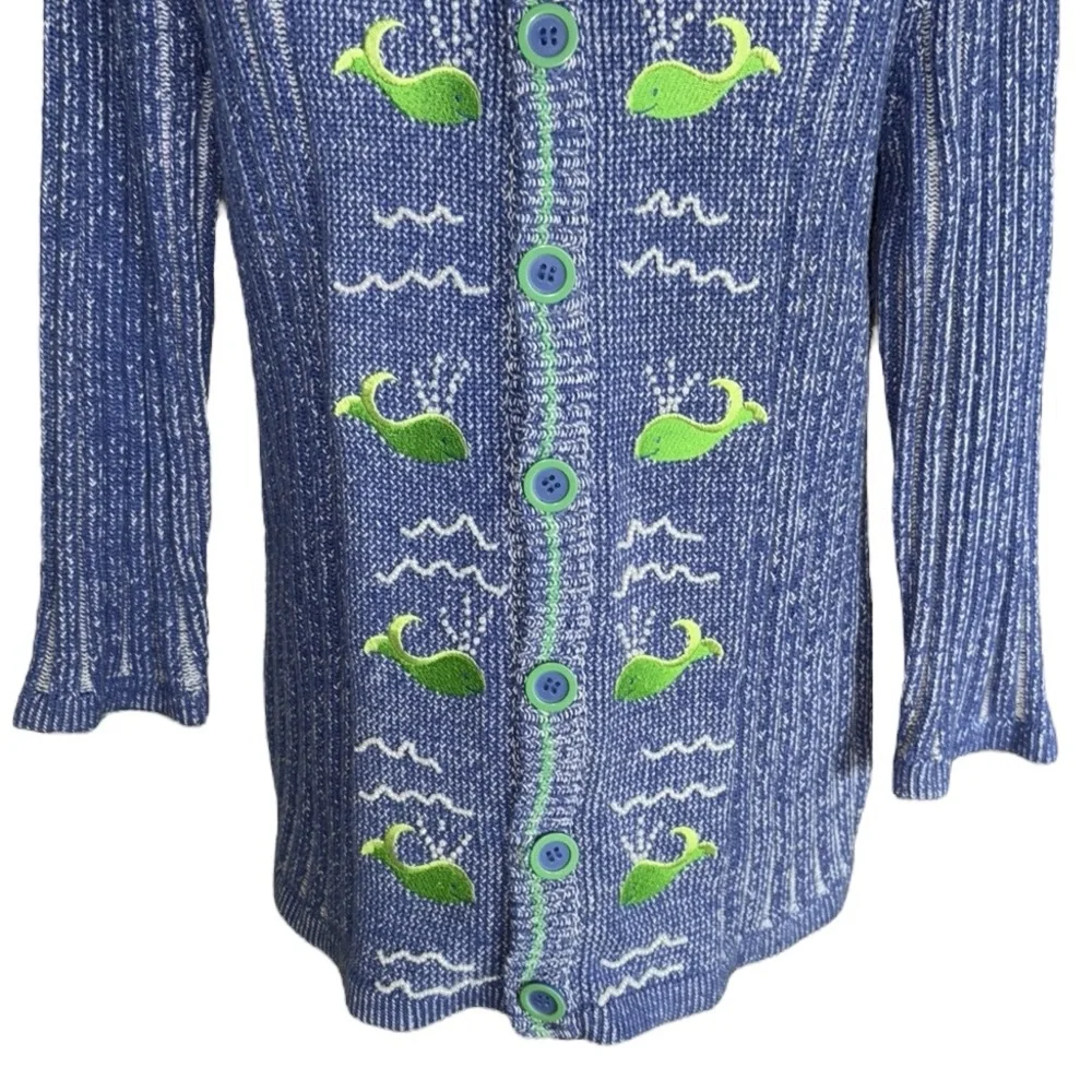 Storybook Knits Vintage Whale Of A Day Embroidered Blue Green Beaded Cardigan  S